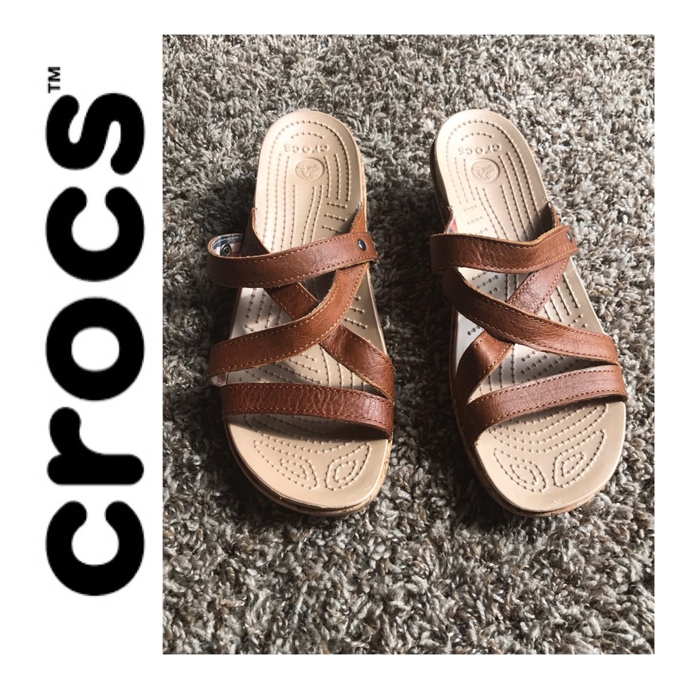 Crocs Brown Leather Strap Wedge Sandals